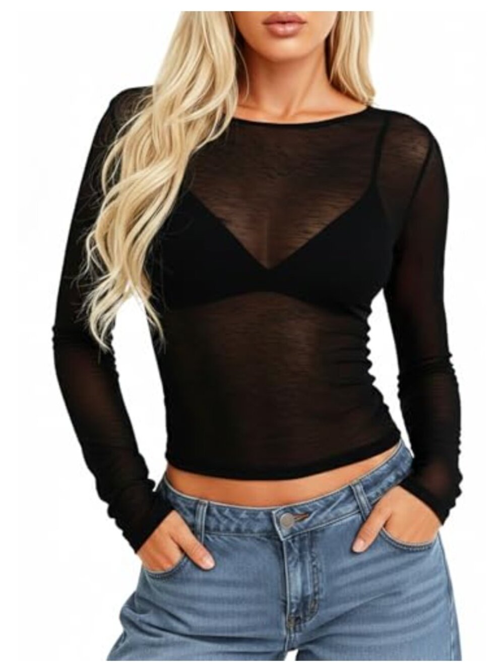 Women's Boat Neck Mesh Long Sleeve Sheer Crop Top
